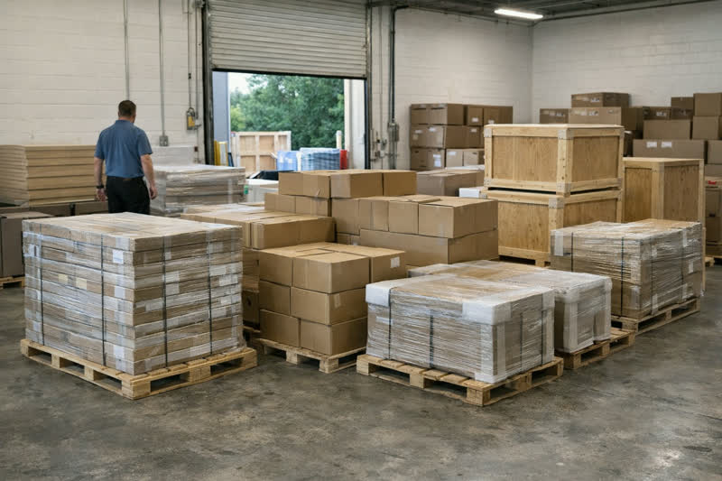 Pallets of flooring, cabinet boxes, and crated materials staged in a clean receiving warehouse.